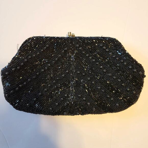 Vintage Beaded Bag Women's Small Embellished Clutch With Chain Black Tie Festive - Picture 2 of 10